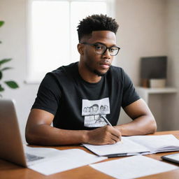 Illustrate a scene featuring a black football blogger immersed in writing