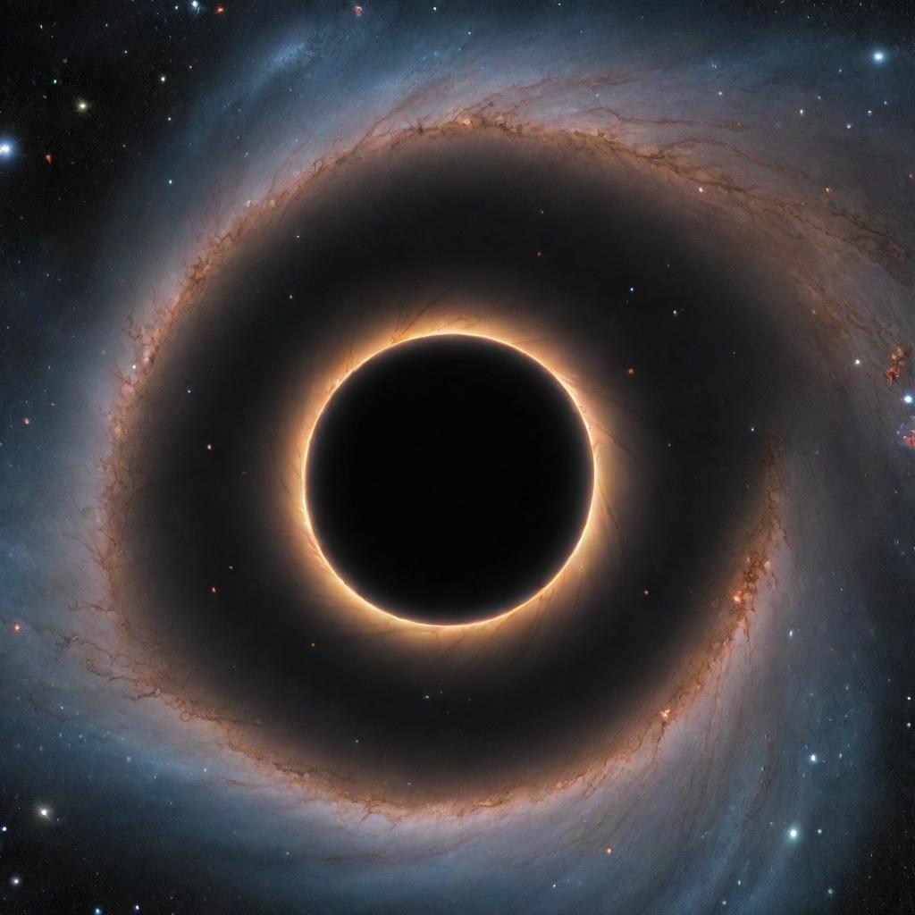 A stunning, realistic depiction of a black hole, with stars and galaxies surrounding it in the infinite expanse of the cosmos.