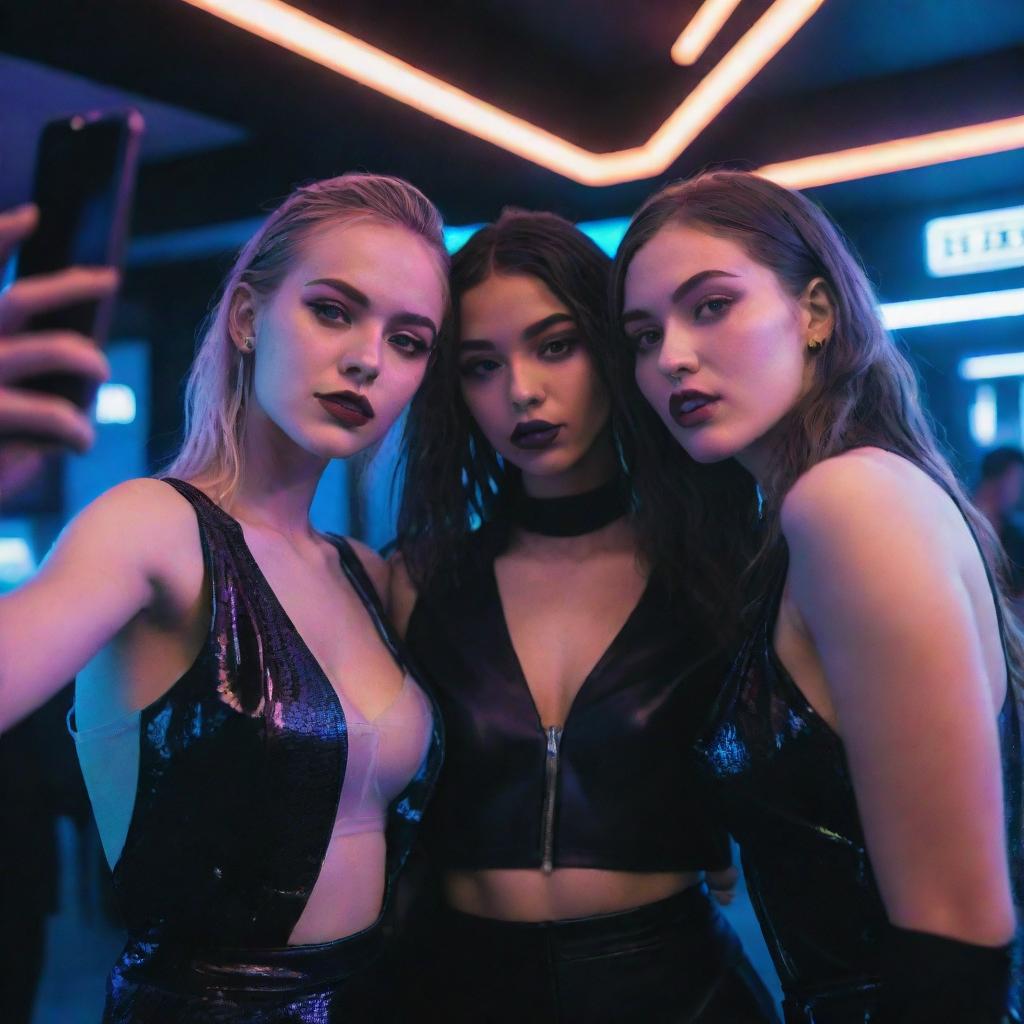 Three girls taking a selfie at a high-society party infused with cyberpunk aesthetics. Neon lights, futuristic attire, and high-tech party decor abound.