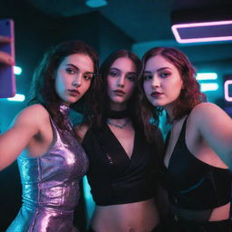 Three girls taking a selfie at a high-society party infused with cyberpunk aesthetics. Neon lights, futuristic attire, and high-tech party decor abound.