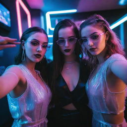 Three girls taking a selfie at a high-society party infused with cyberpunk aesthetics. Neon lights, futuristic attire, and high-tech party decor abound.