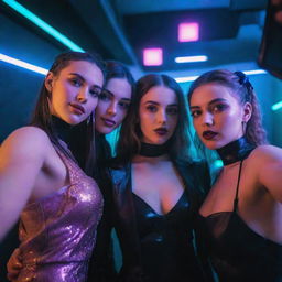 Three girls taking a selfie at a high-society party infused with cyberpunk aesthetics. Neon lights, futuristic attire, and high-tech party decor abound.