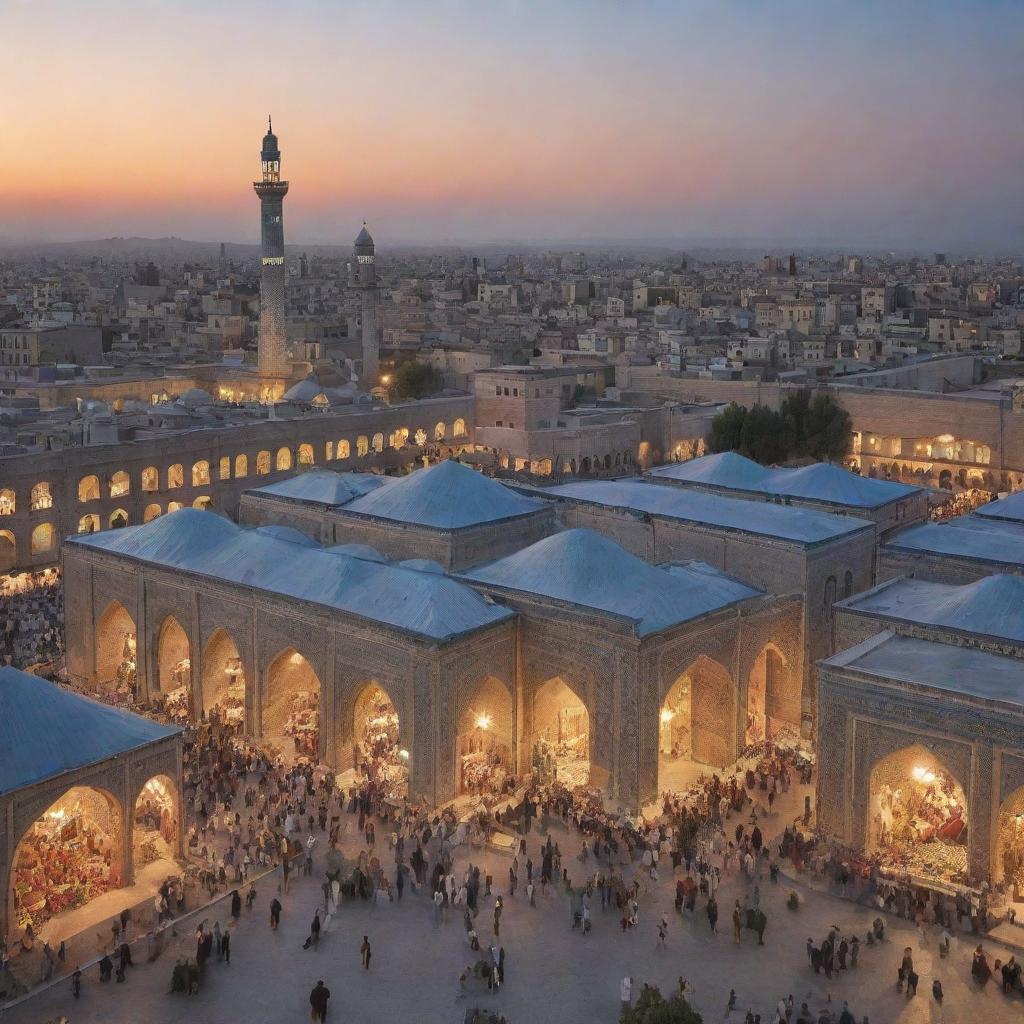 A bustling Iran cityscape prior to the Islamic Revolution, with traditional Persian architecture, vibrant marketplaces, and daily life unfolding