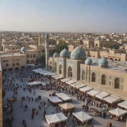 A bustling Iran cityscape prior to the Islamic Revolution, with traditional Persian architecture, vibrant marketplaces, and daily life unfolding