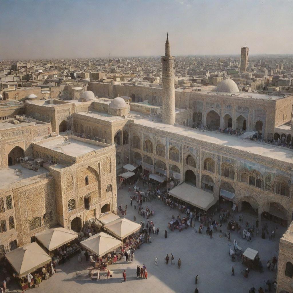 A bustling Iran cityscape prior to the Islamic Revolution, with traditional Persian architecture, vibrant marketplaces, and daily life unfolding