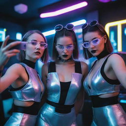 Three girls dressed in futuristic attire taking a selfie at a high-society cyberpunk party bustling with neon lights and futuristic elements