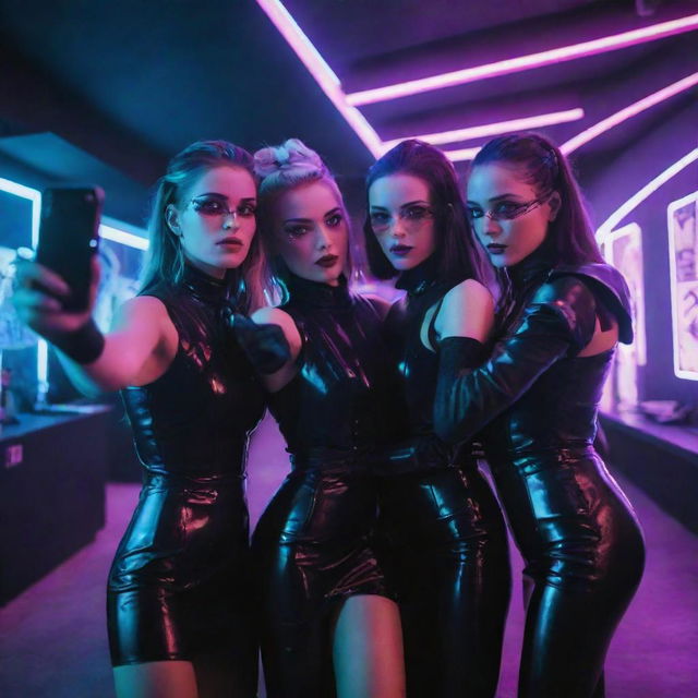 Three girls dressed in futuristic attire taking a selfie at a high-society cyberpunk party bustling with neon lights and futuristic elements