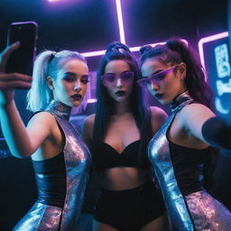 Three girls dressed in futuristic attire taking a selfie at a high-society cyberpunk party bustling with neon lights and futuristic elements