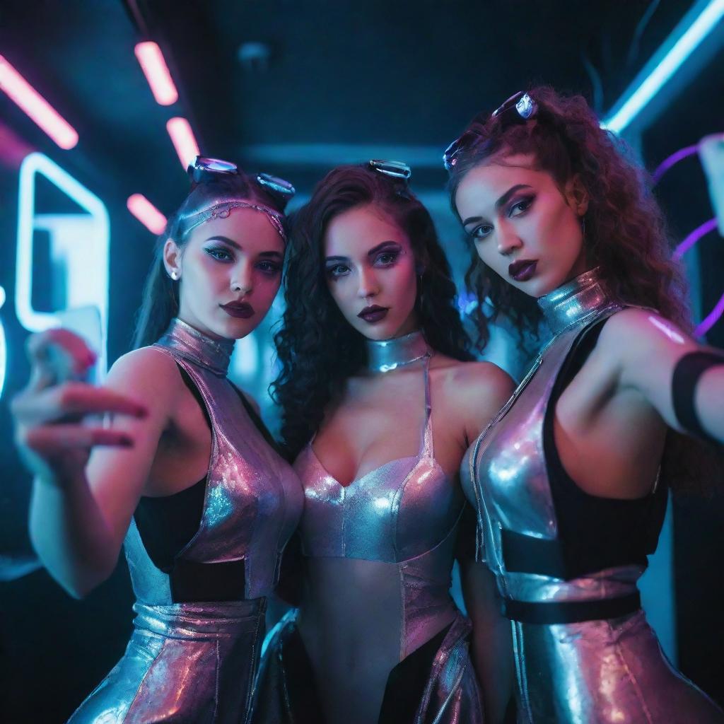 Three girls dressed in futuristic attire taking a selfie at a high-society cyberpunk party bustling with neon lights and futuristic elements