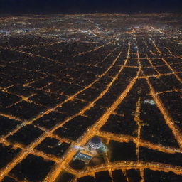 Aerial view of the city of Tabriz, Iran at night with twinkling city lights under a starry sky.