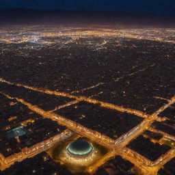 Aerial view of the city of Tabriz, Iran at night with twinkling city lights under a starry sky.