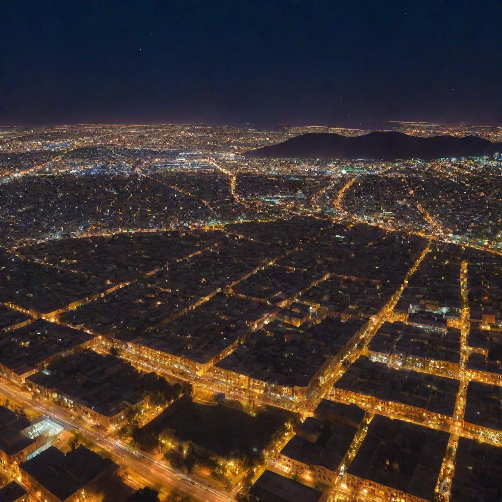 Aerial view of the city of Tabriz, Iran at night with twinkling city lights under a starry sky.