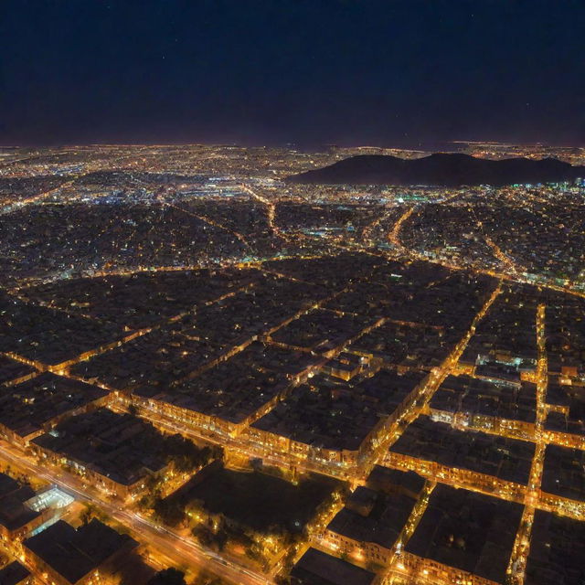 Aerial view of the city of Tabriz, Iran at night with twinkling city lights under a starry sky.