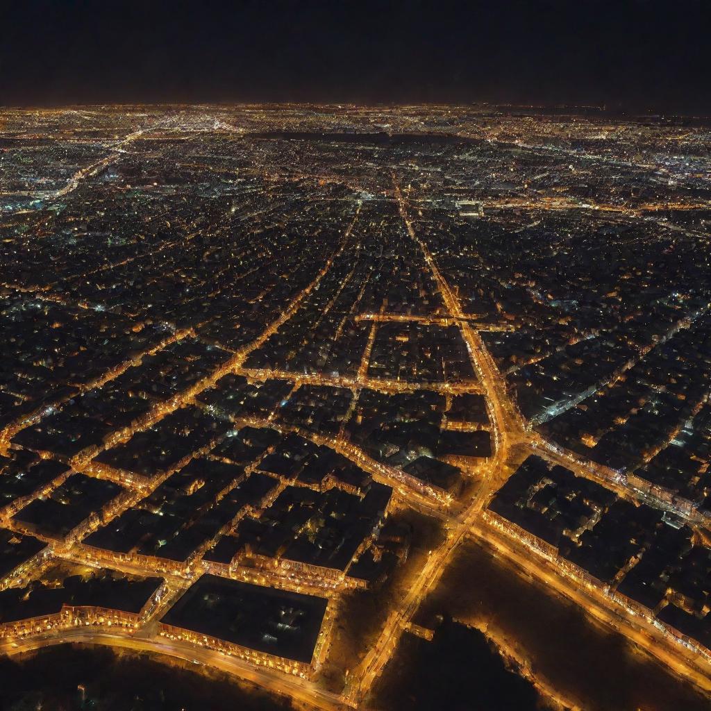 Aerial view of the city of Tabriz, Iran at night with twinkling city lights under a starry sky.