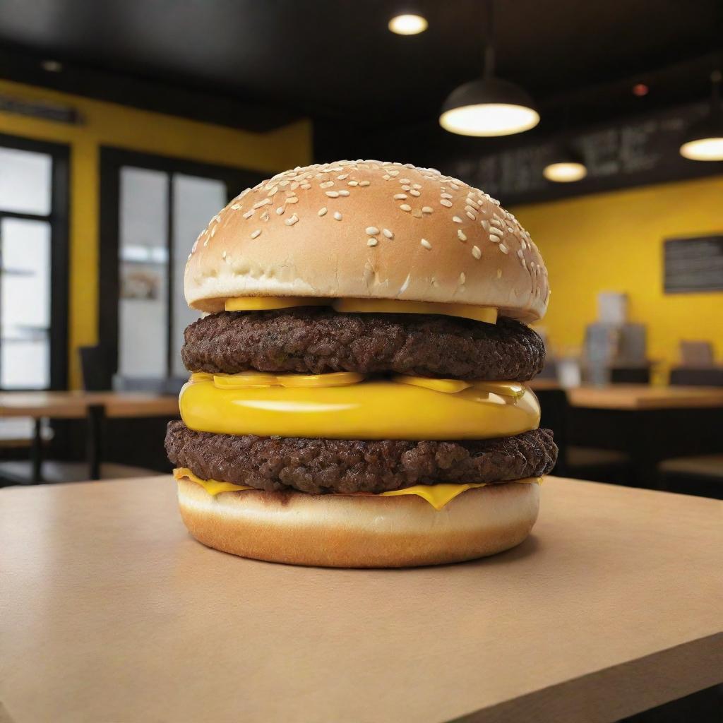 Generate an image of a POP material sculpture of a hamburger situated in 'Smash Burger' restaurant. The hamburger should have a QR code integrated into it, with a color scheme of black and yellow.