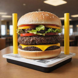 Generate an image of a POP material sculpture of a hamburger situated in 'Smash Burger' restaurant. The hamburger should have a QR code integrated into it, with a color scheme of black and yellow.