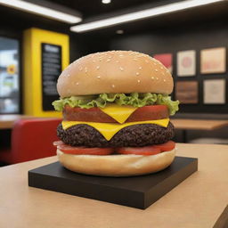 Generate an image of a POP material sculpture of a hamburger situated in 'Smash Burger' restaurant. The hamburger should have a QR code integrated into it, with a color scheme of black and yellow.