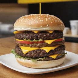 Generate an image of a POP material sculpture of a hamburger situated in 'Smash Burger' restaurant. The hamburger should have a QR code integrated into it, with a color scheme of black and yellow.