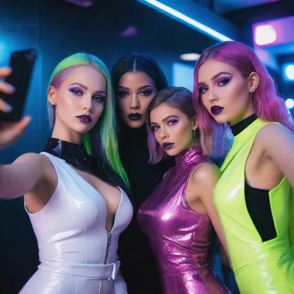 Three high-class girls adorned in elegant futuristic attire taking a selfie at a vibrant cyberpunk party with neon aesthetics