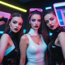 Three high-class girls adorned in elegant futuristic attire taking a selfie at a vibrant cyberpunk party with neon aesthetics