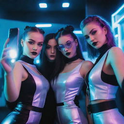 Three high-class girls adorned in elegant futuristic attire taking a selfie at a vibrant cyberpunk party with neon aesthetics