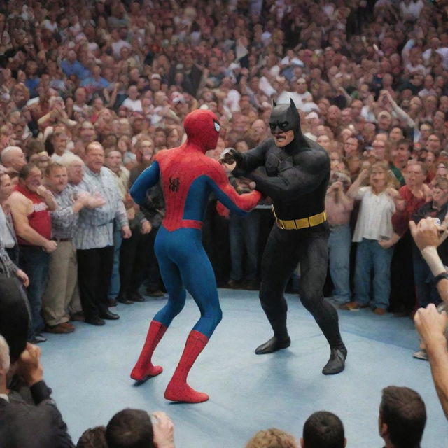 Spider-Man and Batman in a heated wrestling match inside a wrestling ring, surrounded by cheering crowds.