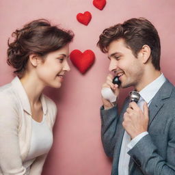 Two lovers speaking to each other on the phone, with hearts filled with longing.