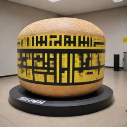 Produce an image of a large POP material sculpture of a hamburger featuring an integrated QR code. The sculpture is at 'Smash Burger' and utilizes a strong contrast of black and yellow colors.