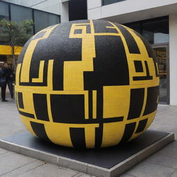 Produce an image of a large POP material sculpture of a hamburger featuring an integrated QR code. The sculpture is at 'Smash Burger' and utilizes a strong contrast of black and yellow colors.