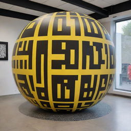 Produce an image of a large POP material sculpture of a hamburger featuring an integrated QR code. The sculpture is at 'Smash Burger' and utilizes a strong contrast of black and yellow colors.