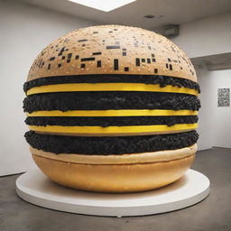 Produce an image of a large POP material sculpture of a hamburger featuring an integrated QR code. The sculpture is at 'Smash Burger' and utilizes a strong contrast of black and yellow colors.