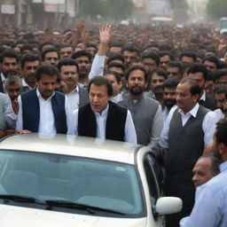 Pakistan Prime Minister Imran Khan in a car, surrounded by a crowd of people, in a urban setting