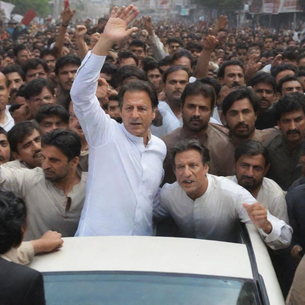 Pakistan Prime Minister Imran Khan in a car, surrounded by a crowd of people, in a urban setting