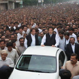 Pakistan Prime Minister Imran Khan in a car, surrounded by a crowd of people, in a urban setting