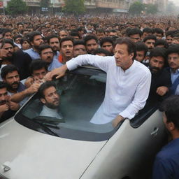 Pakistan Prime Minister Imran Khan in a car, surrounded by a crowd of people, in a urban setting