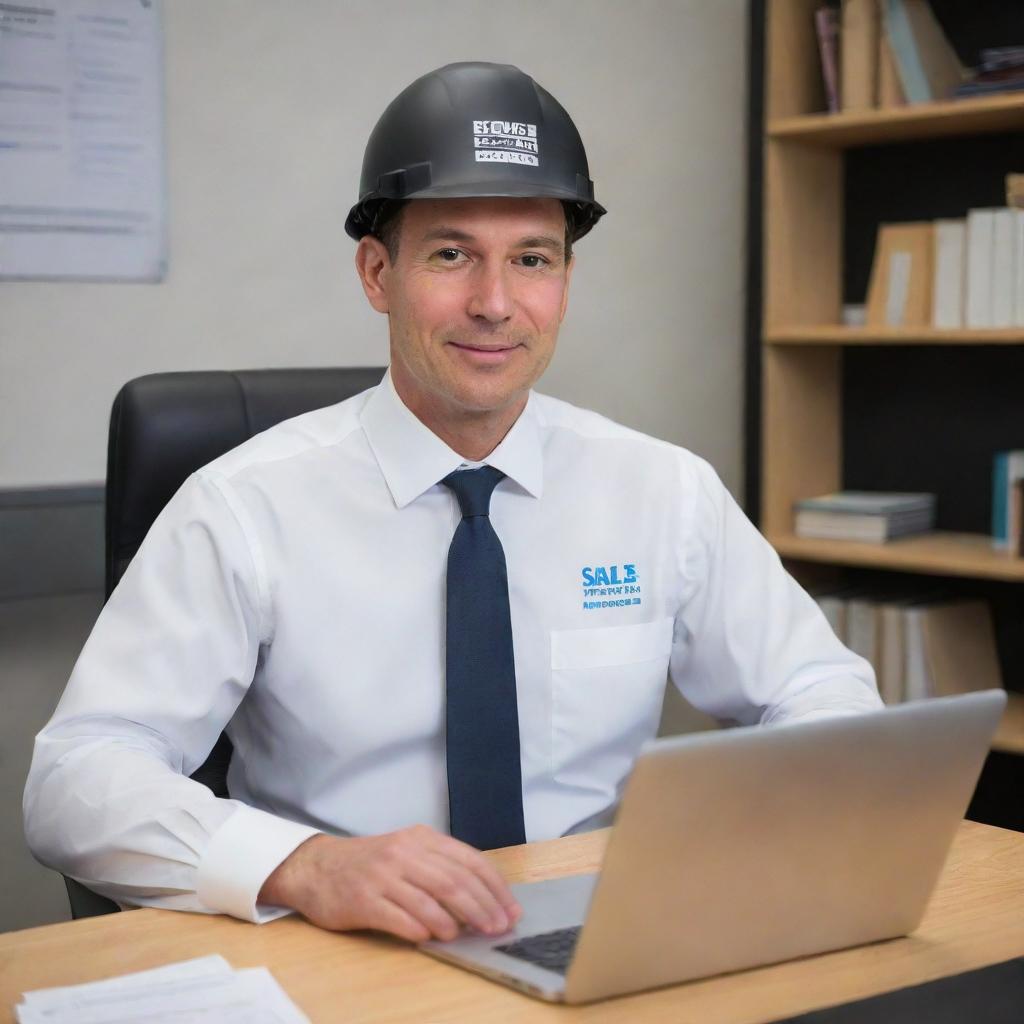 A Disney-style character known as 'Prima Katrolindo', a slender 44-year-old male sales engineer, focused on his laptop, seated in his office, always wearing a safety helmet with 'Sales Engineer' written on it.