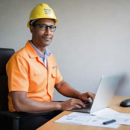 A Disney-style character known as 'Prima Katrolindo', a slender 44-year-old male sales engineer, focused on his laptop, seated in his office, always wearing a safety helmet with 'Sales Engineer' written on it.