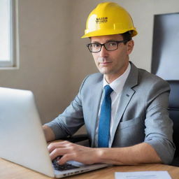 A Disney-style character known as 'Prima Katrolindo', a slender 44-year-old male sales engineer, focused on his laptop, seated in his office, always wearing a safety helmet with 'Sales Engineer' written on it.