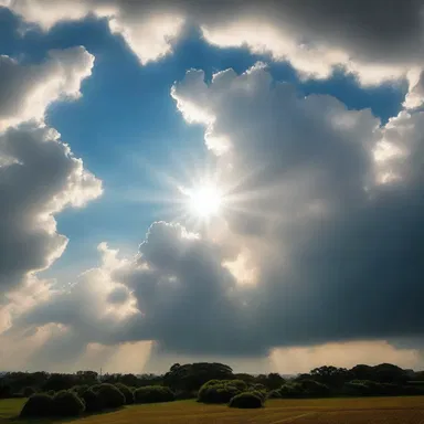 The sunlight broke through the gaps in the cumulus clouds, giving the impression of heavenly beams, inspiring a religious feeling.