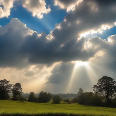The sunlight broke through the gaps in the cumulus clouds, giving the impression of heavenly beams, inspiring a religious feeling.