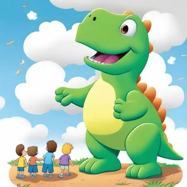 In the children's cartoon, the characters looked up and pointed at the cumulus cloud shaped like a friendly dinosaur, marveling at its existence.