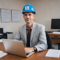 A Disney-style character known as 'Prima Katrolindo', a slender 44-year-old male sales engineer, focused on his laptop, seated in his office, always wearing a safety helmet with 'Sales Engineer' written on it.