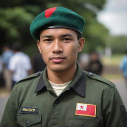 A 25-year-old Indonesian man in a dark green, black, brown, and light yellow striped uniform with 'BANSER' emblazoned on it. He wears a green beret and holds a red and white Indonesian flag. Photograph is high quality, akin to a photo taken on a Sony Alpha 7 ii camera.