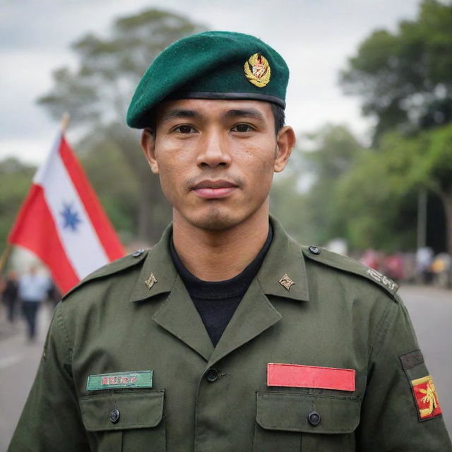 A 25-year-old Indonesian man in a dark green, black, brown, and light yellow striped uniform with 'BANSER' emblazoned on it. He wears a green beret and holds a red and white Indonesian flag. Photograph is high quality, akin to a photo taken on a Sony Alpha 7 ii camera.