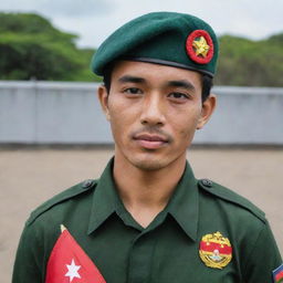 A 25-year-old Indonesian man in a dark green, black, brown, and light yellow striped uniform with 'BANSER' emblazoned on it. He wears a green beret and holds a red and white Indonesian flag. Photograph is high quality, akin to a photo taken on a Sony Alpha 7 ii camera.