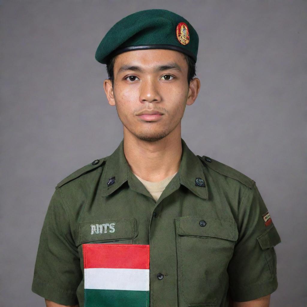 A 25-year-old Indonesian man in a dark green, black, brown, and light yellow striped uniform with 'BANSER' emblazoned on it. He wears a green beret and holds a red and white Indonesian flag. Photograph is high quality, akin to a photo taken on a Sony Alpha 7 ii camera.