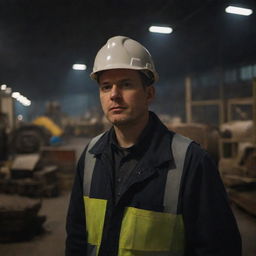 A weary-looking engineer at night, surrounded by various problems in a dimly lit factory