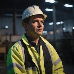 A weary-looking engineer at night, surrounded by various problems in a dimly lit factory