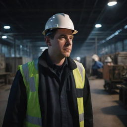 A weary-looking engineer at night, surrounded by various problems in a dimly lit factory