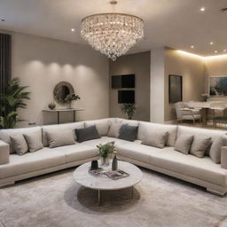 Display an elegant and modern home interior design filled with stylish furniture, tasteful color schemes, and ambient lighting.